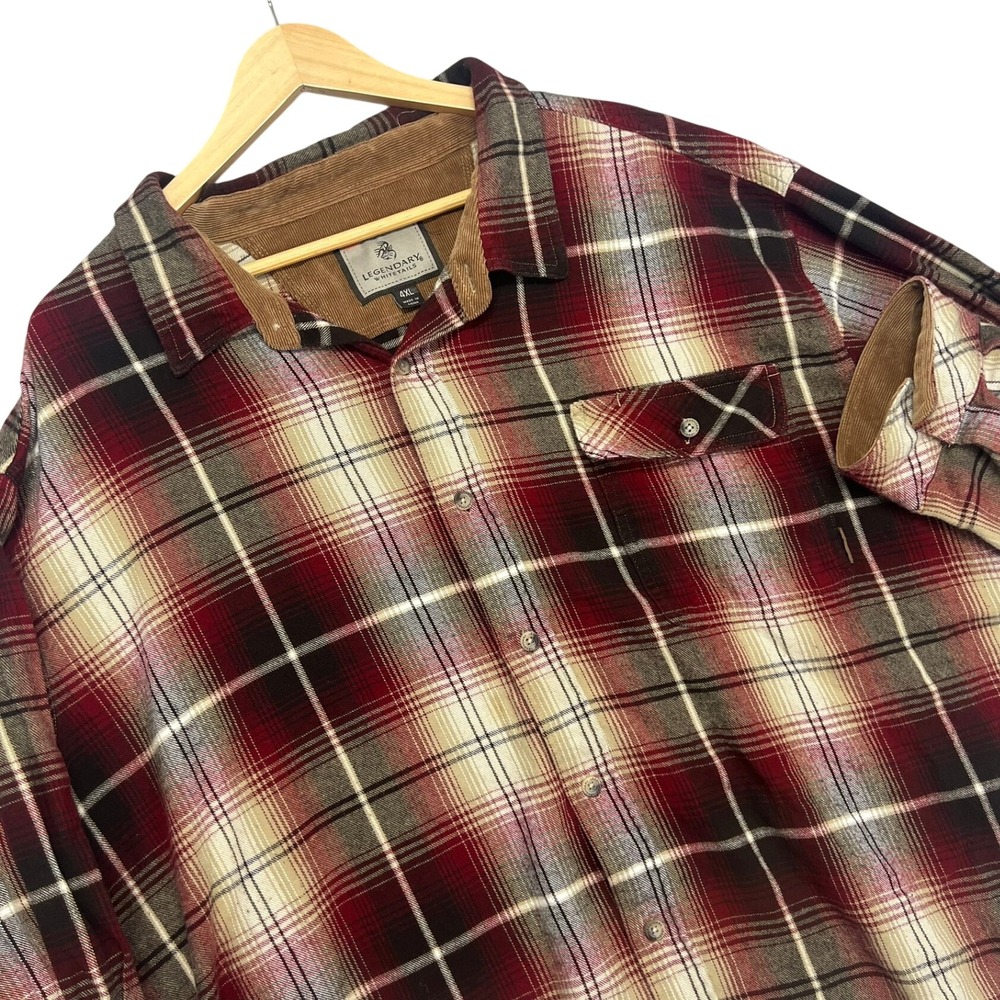 Legendary Whitetails Mens 4XL Plaid Flannel Shirt Burgundy Corduroy Trim